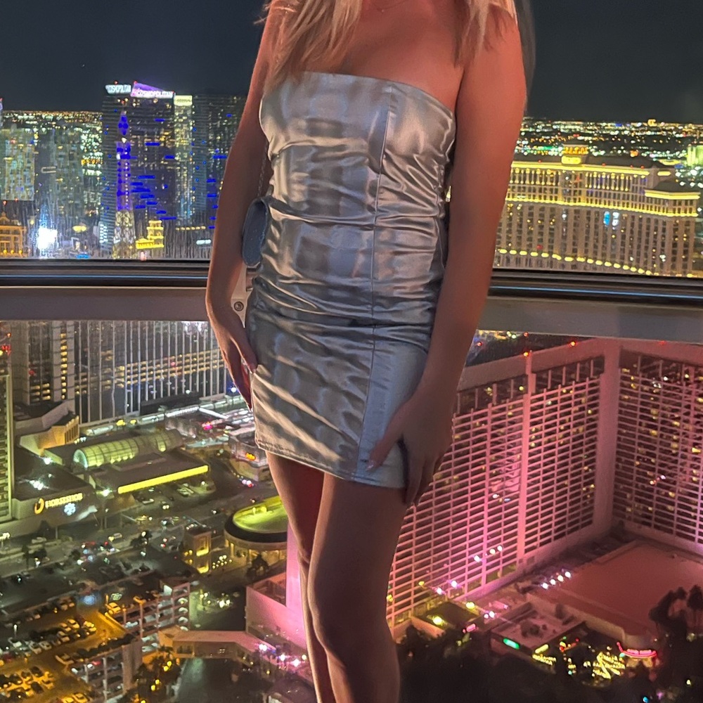 strapless metallic dress